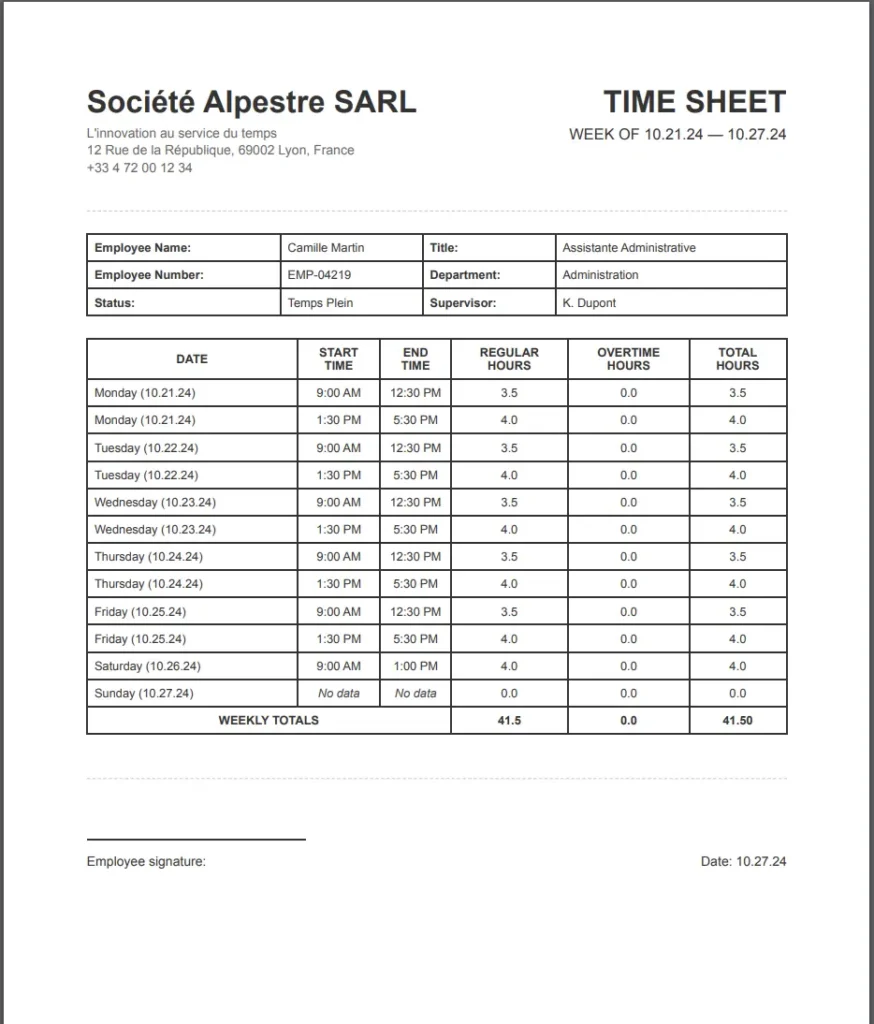 A4 preview in English — TIME SHEET with start/end time, regular hours, overtime hours and weekly totals.