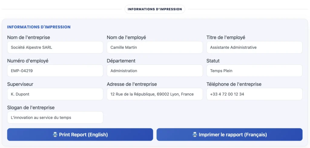 Paramètres d’impression — champs entreprise et employé (nom, numéro, département, statut, superviseur, adresse, téléphone, slogan) et boutons d’impression Français/English.