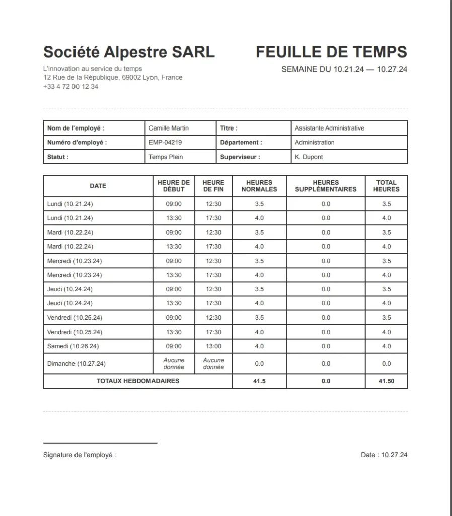 Aperçu A4 en français — FEUILLE DE TEMPS avec dates, heures de début/fin, heures normales, heures supplémentaires et totaux hebdomadaires.