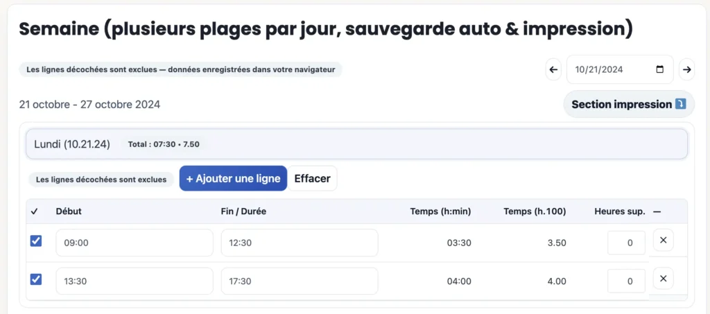 Vue semaine — navigation par dates, bouton “Section impression”, détail du lundi avec deux plages (09:00–12:30, 13:30–17:30) et calculs 03:30 / 3.50 et 04:00 / 4.00.
