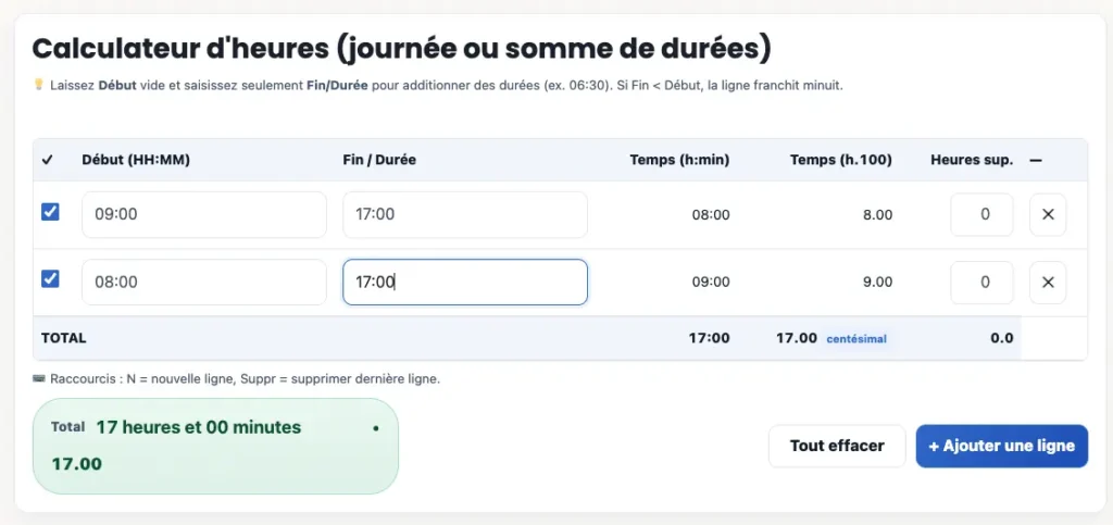 Calcul heure en ligne — addition d’heures de travail avec total HH:MM et heures décimales.
