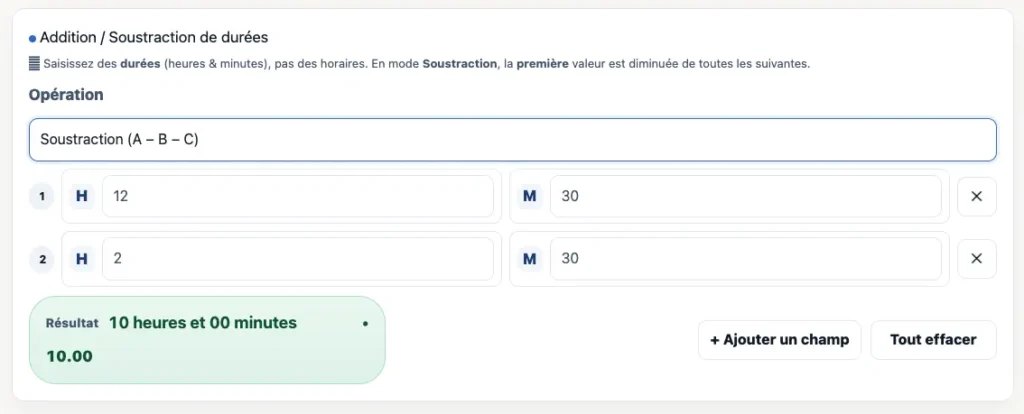Soustraire des durées A moins B — résultat HH:MM et décimal.