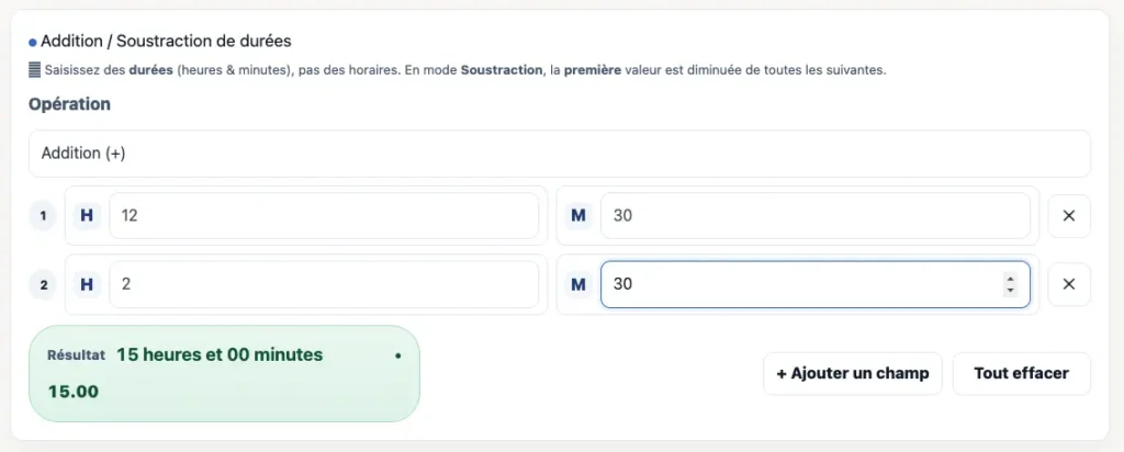 Addition de durées A plus B — total HH:MM et heures décimales (h.100).
