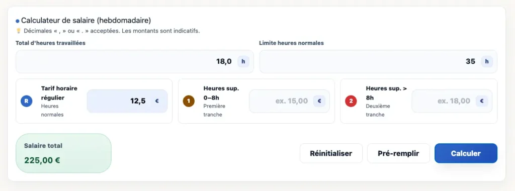 Calcul salaire indicatif avec tranches d’heures supplémentaires.